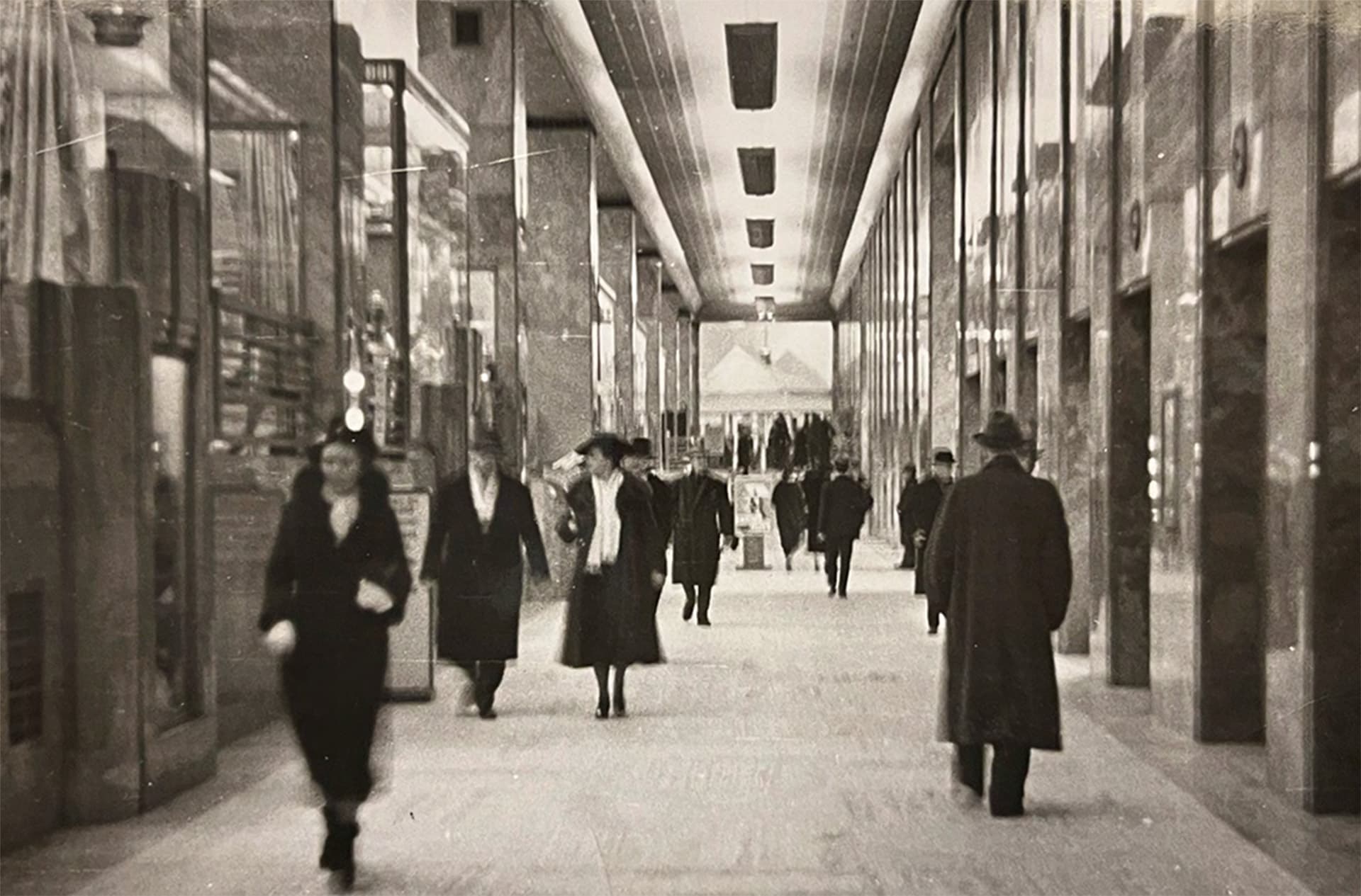 Pedestrians walking through Yonge Street Arcade, c. 1940s